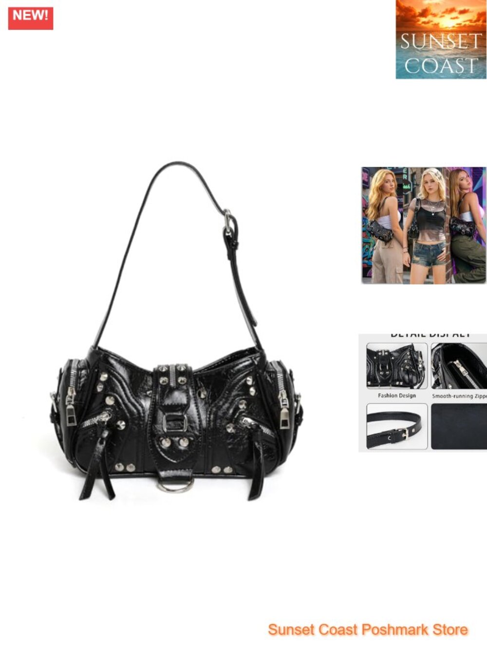Y2k Shoulder Bag Small Faux Leather Studded Gothic Purse Buckle Hobo